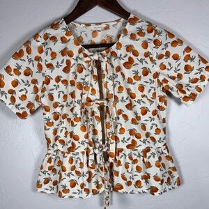 Sim &‎ Sam 100% Cotton Tie Front Peaches Printed Boho Women's Blouse Size XS